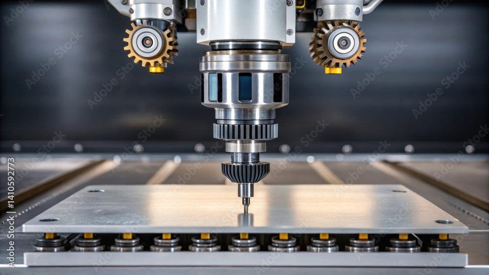 Aufkleber closeup of a robotic hand manipulating a steel plate showcasing intricate gears and hydraulic system