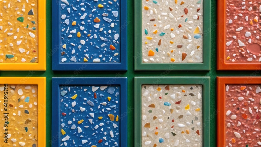 Poster Closeup of a series of small recycled glass shards embedded within a larger panel illustrating the playful use of texture and color that brings a dynamic quality to the overall