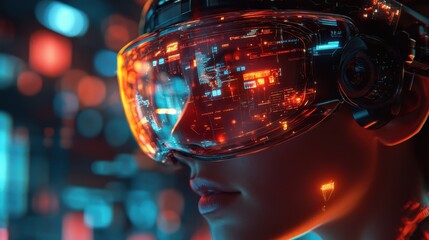 Futuristic female with high-tech augmented reality visor in digital environment