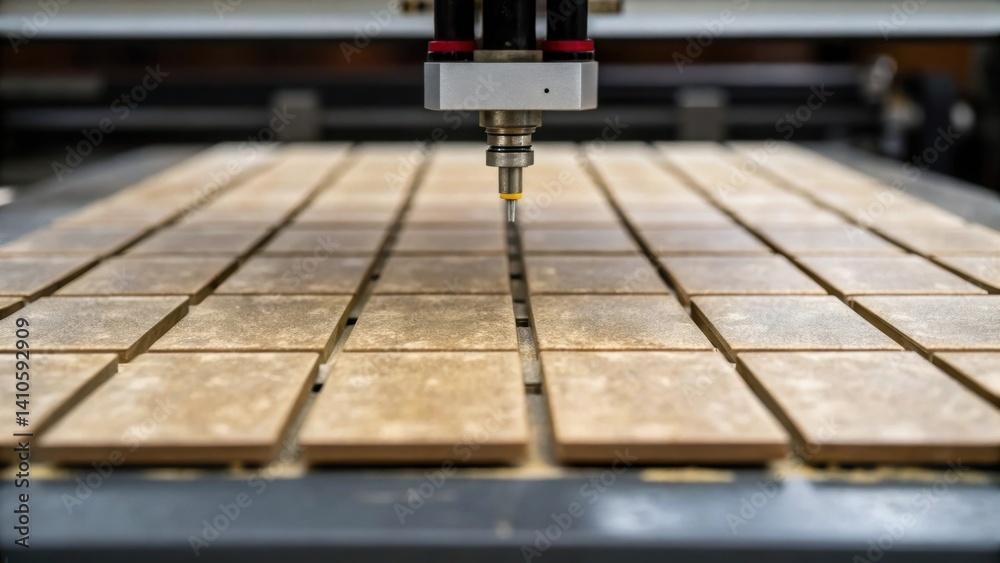 Poster Closeup of a weathered tile layout on a work surface with the robotic installation arm hovering above preparing to place the next tile in an organized pattern.