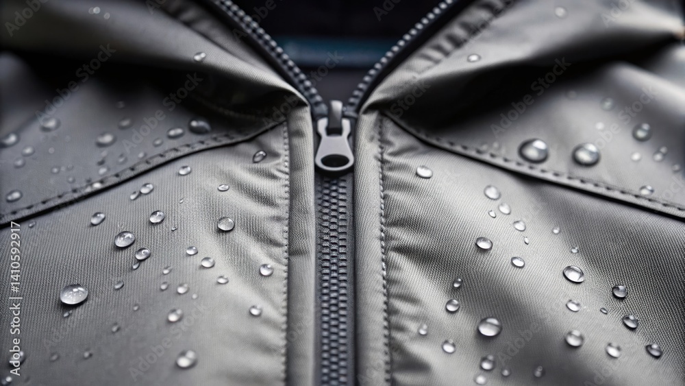 Poster Closeup of a waterresistant jacket fabric with a focus on the nanostructured layer capturing the way water beads and rolls off indicating durability and protection.