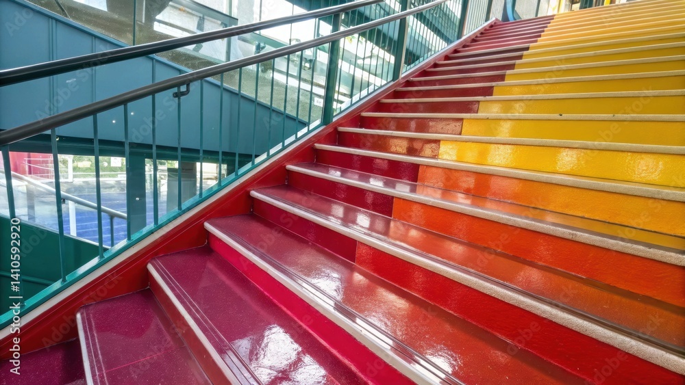 Fototapete Closeup of a vibrantcolored prefabricated staircase emphasizing the bold finish and glossy surface with light reflections creating a dynamic visual effect.