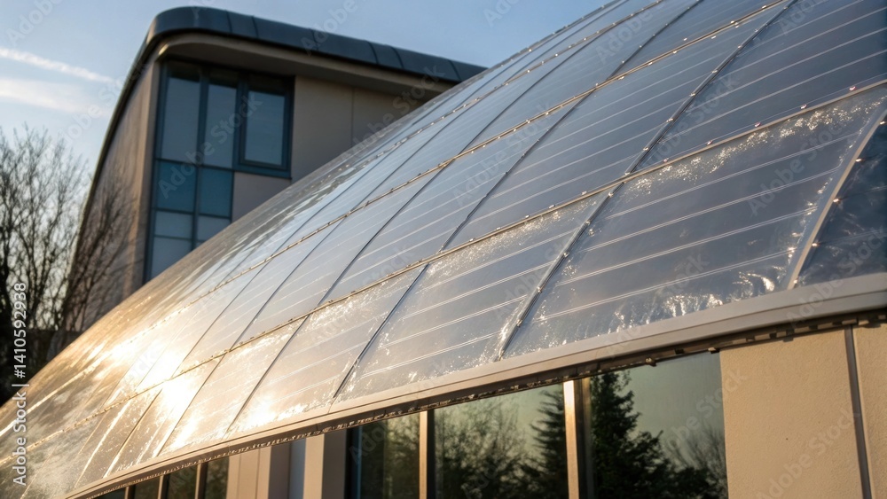 Poster closeup of a translucent solar film wrapped around a buildings curved surface glimmering with light 