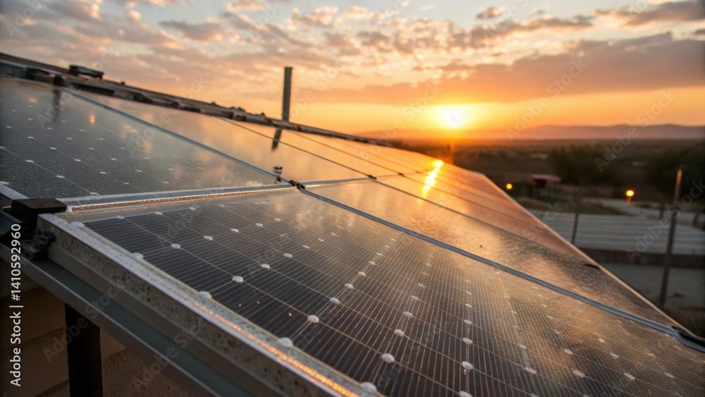 Poster Closeup of a transparent solar panels surface during sunset capturing the warm hues and the way the panel glows with ambient light while still being functional.
