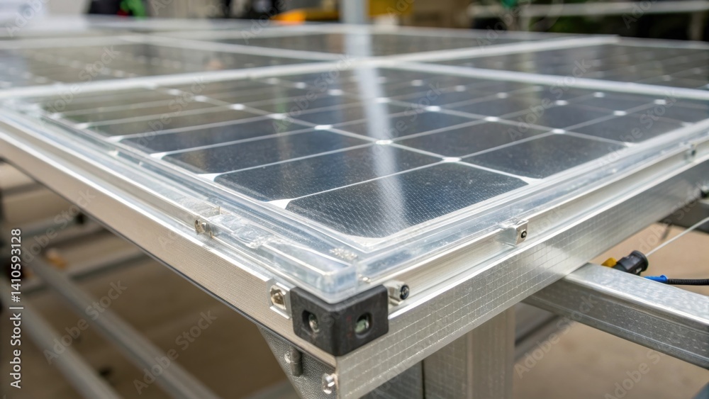 Poster Closeup of the edges of a transparent solar panel emphasizing the meticulous craftsmanship with clean lines and the way light refracts through the material.