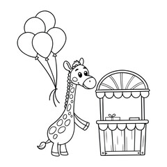 Cute Giraffe Holding Balloons Next to a Market Stand