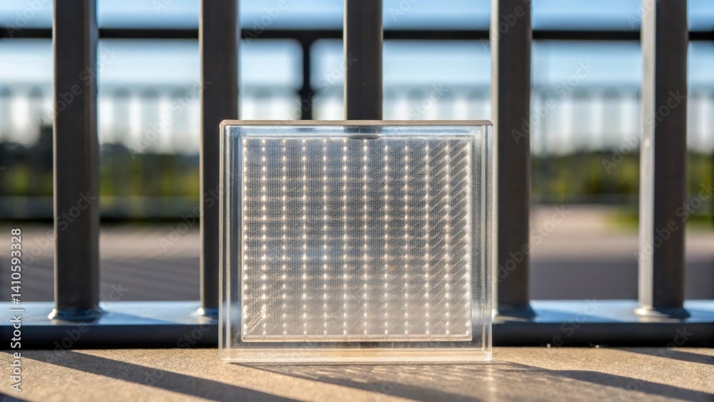 Fototapete Closeup of the transparent solar panel embedded in the railing showcasing the intricate micropatterns that enhance light absorption with sunlight filtering through and creating a