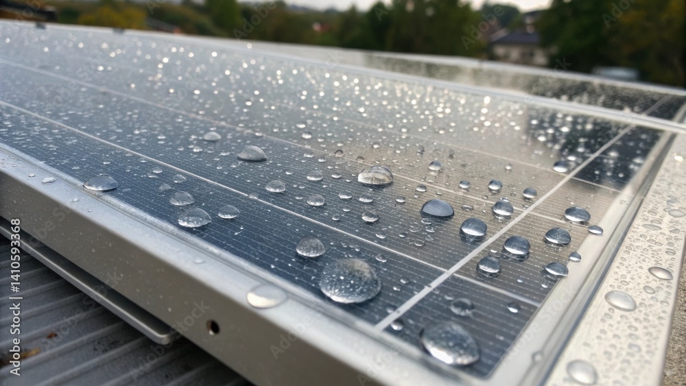 Poster Closeup of water droplets on a transparent solar panel emphasizing its surface texture and hydrophobic properties enhancing both aesthetics and performance.