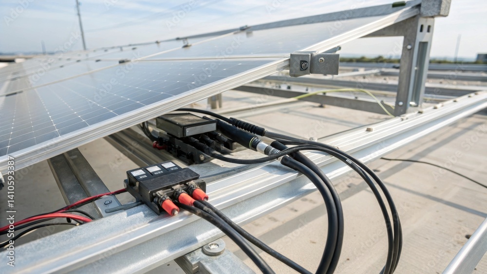 Poster Closeup of wiring and connectors at the base of transparent solar panels emphasizing the engineering that supports their integration within the buildings design.
