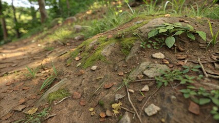Closeup of the textured surface of a terrain scanned with a laser showcasing the level of detail captured including vegetation and ground contours.