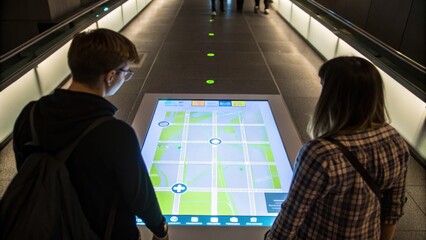 Closeup of users engaging with an interactive map displayed on the walkway itself demonstrating how the kinetic energy generated contributes to local resources.