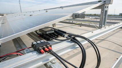 Closeup of wiring and connectors at the base of transparent solar panels emphasizing the engineering that supports their integration within the buildings design.