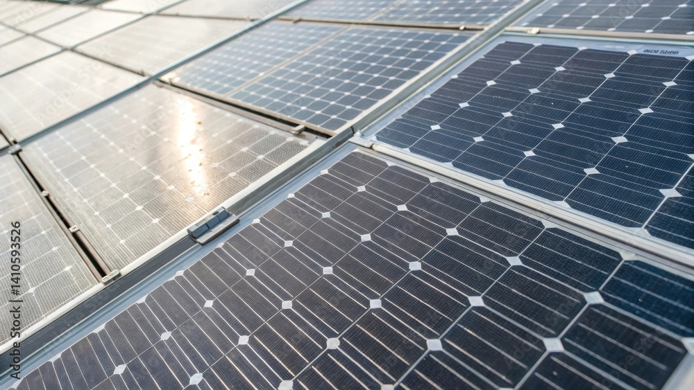 Poster Closeup view of an array of transparent energyharvesting panels showcasing their fine structure that harvests energy while maintaining aesthetic appeal through varying gradients of