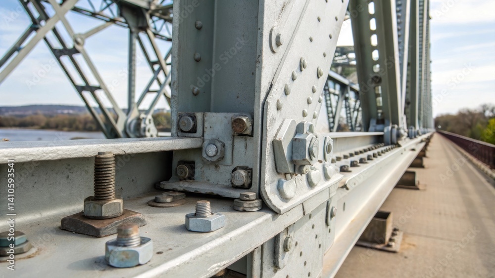 Poster Closeup view of the bridges hinges and fasteners highlighting the engineering that allows it to pivot and collapse for transportation while ensuring structural integrity.