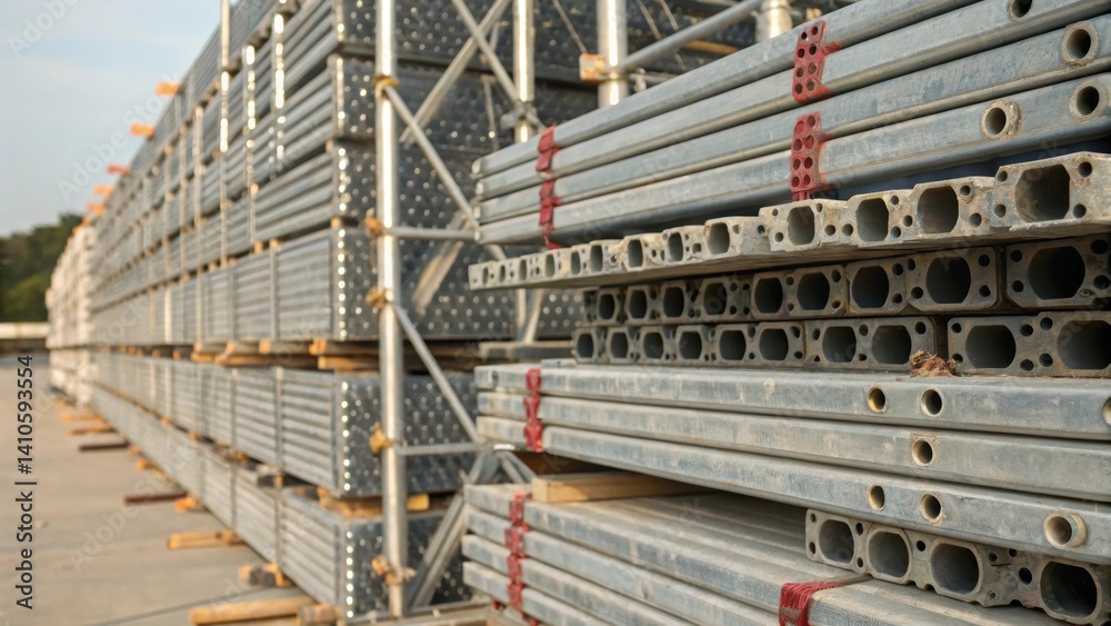 Aufkleber Closeup view of lightweight scaffolding materials stacked in neat rows emphasizing the engineering design and durability of the components.
