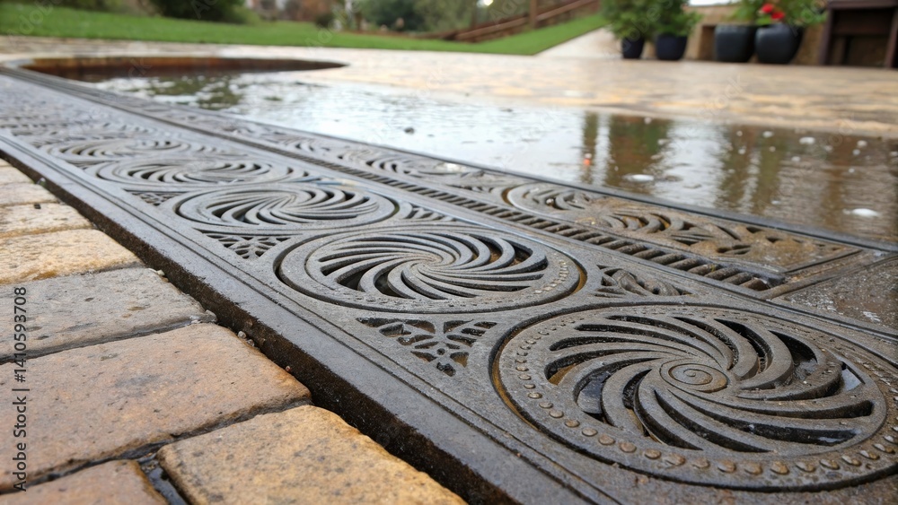 Poster Detailed closeup of a selfcleaning surface showing intricate surface patterns that enhance water drainage and minimize residue accumulation creating a visually appealing aesthetic.