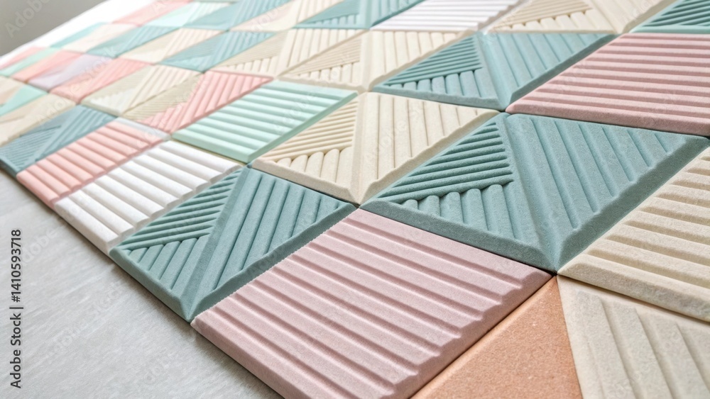 Poster Detailed view of a modular acoustic panel system displaying interlocking pieces in various pastel shades allowing for customizable arrangement and sound control.