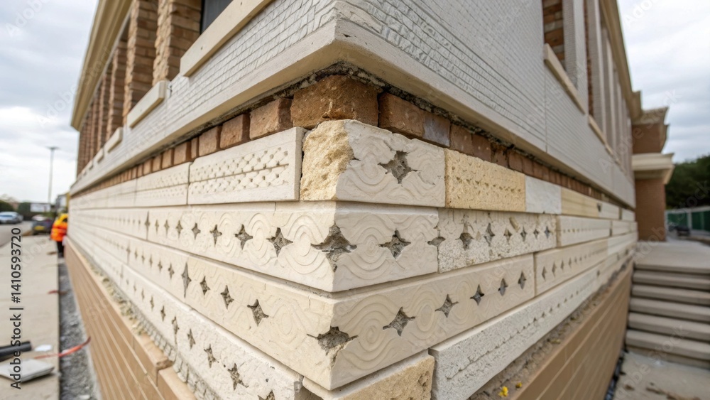 Poster Detailed closeup of a multilayered facade comprising a selfhealing matrix that provides both aesthetic appeal and functional resilience with small ruptures visibly beginning to