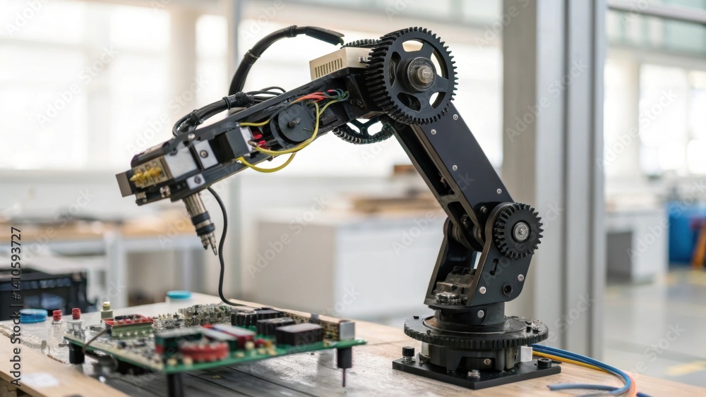 Aufkleber Detailed shot of the smart cranes robotic arm showcasing intricate gears and circuitry as it exees precise movements under remote control.