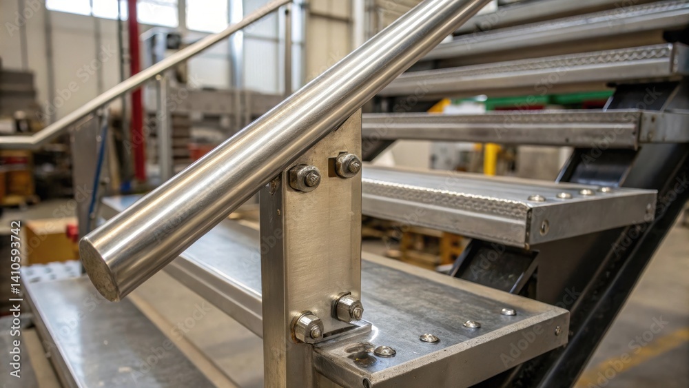 Aufkleber Detailed shot of a connecting joint on a prefabricated staircase emphasizing the precision engineering and the gleaming metallic surface against a blurred workshop backdrop.