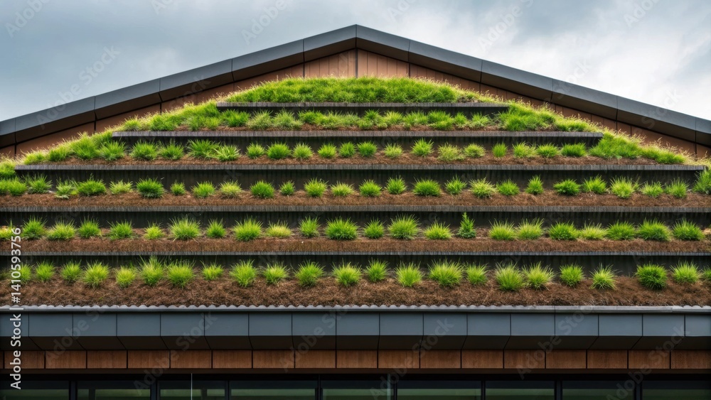 Poster detailed shot of an innovative roof design with integrated rain gardens featuring layers of soil and