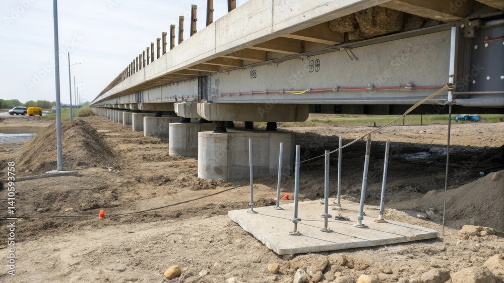 Poster Detailed shot of the bridges base resting on the soft ground with stakes securing it in place demonstrating how it accommodates uneven terrain for temporary installations.