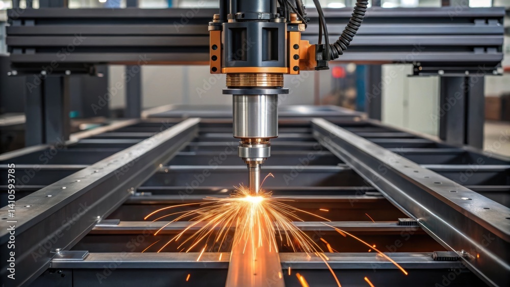 Aufkleber Detailed view of a robotic welding machine with molten metal forming strong joints between prefabricated components emphasizing the seamless joining process.