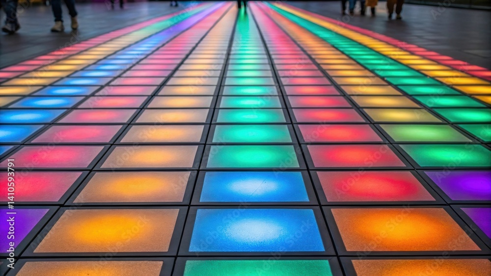 Poster detailed view of kinetic energy tiles embedded in a pedestrian walkway where footsteps are transform