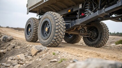 Fototapeta premium Detailed shot of the cranes wheels on uneven terrain emphasizing the adaptive suspension system designed for stability and maneuverability.