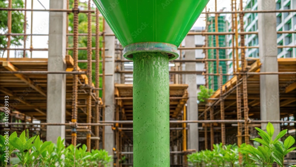 Poster Environmental Integration A closeup of green concrete being poured into ecosensitive forms in a construction site with surrounding plants showcasing a harmony between nature and