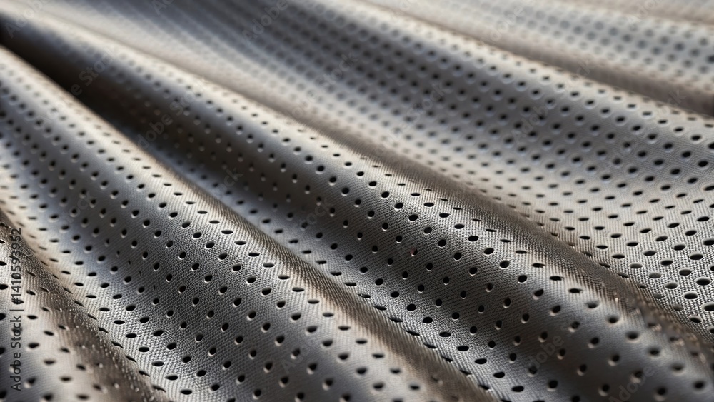 Poster Medium closeup capturing a textured composite material with a series of small microperforations that enable pressure release and wind management while maintaining aesthetic appeal.