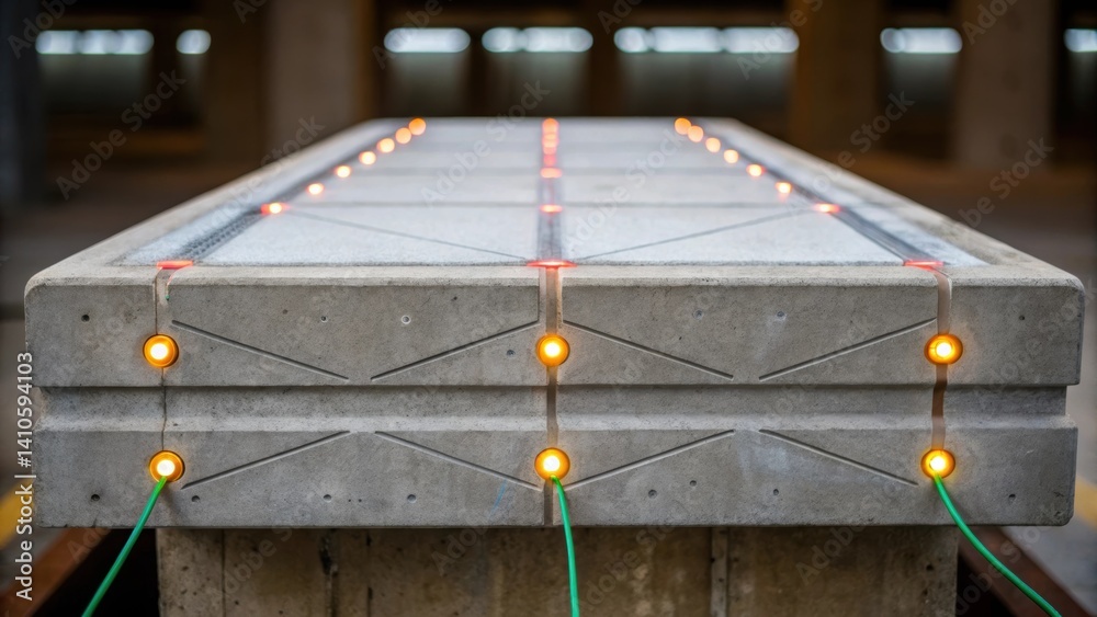 Aufkleber Medium closeup of a concrete structure being monitored with embedded sensors illuminated by soft lighting showcasing a network of leads connecting to different areas of the slab.