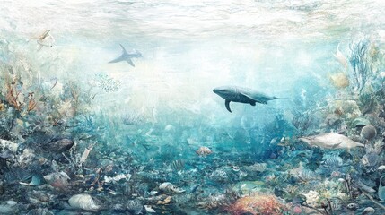 Lush underwater scene depicts diverse marine life.