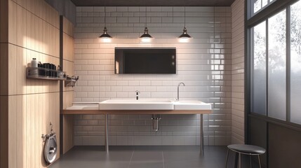 Modern dog grooming room with tiled walls and built-in sink