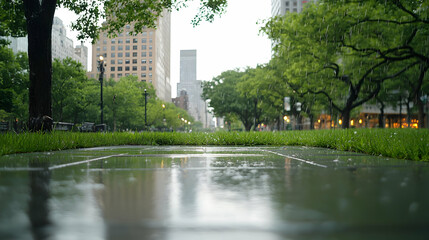 Rainy City Park Scene With Reflections