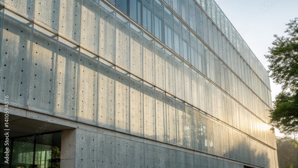 Poster Medium closeup of a modern building facade made from transparent concrete highlighting the interplay of light and shadow through its translucent properties.