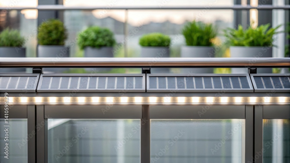 Poster medium closeup of a modern balcony setting highlighting a row of transparent solar panels along the 
