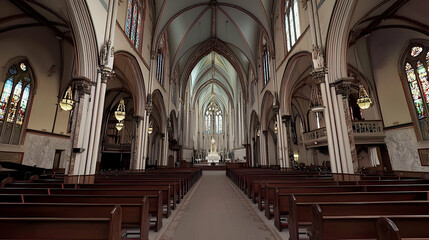 Obraz premium Grand Cathedral Interior With Stained Glass And Wooden Pews