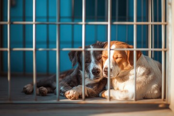 Two dogs resting peacefully in a shelter after a long day of waiting for a forever home