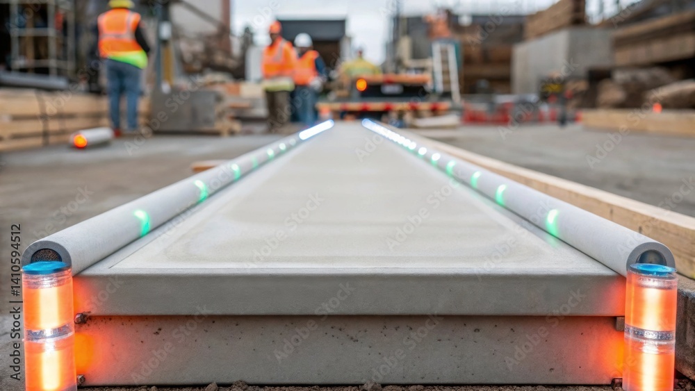 Poster Medium closeup of a piece of smart concrete being poured at a construction site with translucent tubes running along its edges hinting at its smart functions.