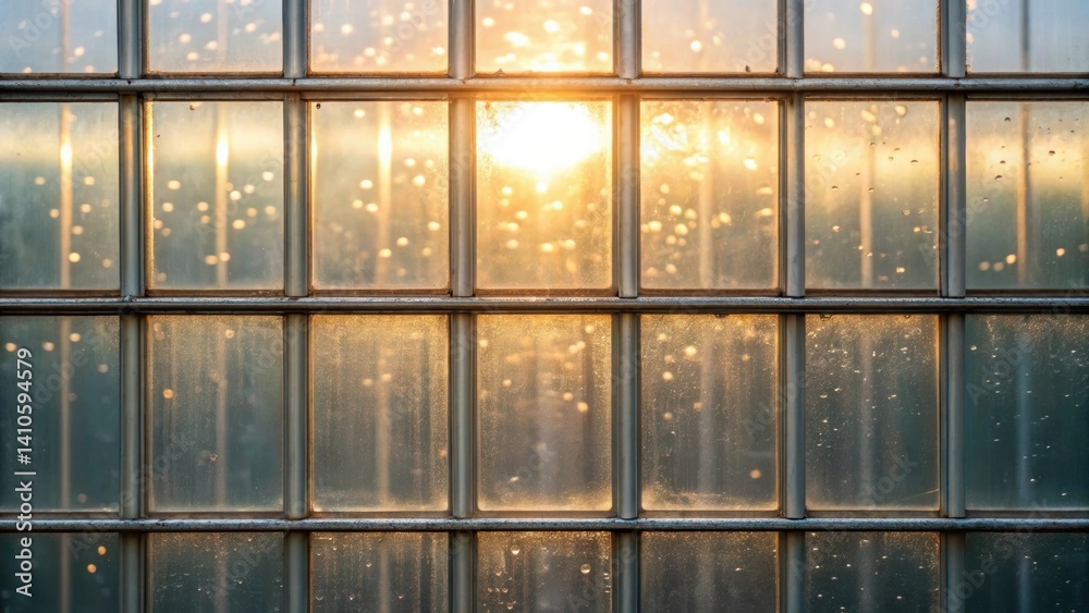 Aufkleber Medium closeup of a recycled glass facade where sunlight spills through the transparent layers creating an ethereal glow that highlights the textural variations and subtle bubbles