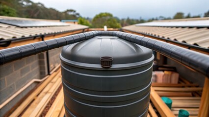 Naklejka premium Medium closeup of a rainwater harvesting system installed on a rooftop featuring gutters feeding into a large cylindrical storage tank with surrounding construction materials in
