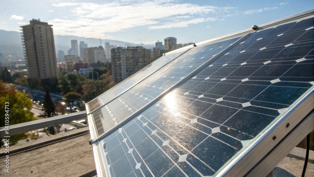 Poster Medium closeup of a sunlit transparent solar panel with the surrounding urban landscape reflected in its surface demonstrating the dual functionality of energy generation and