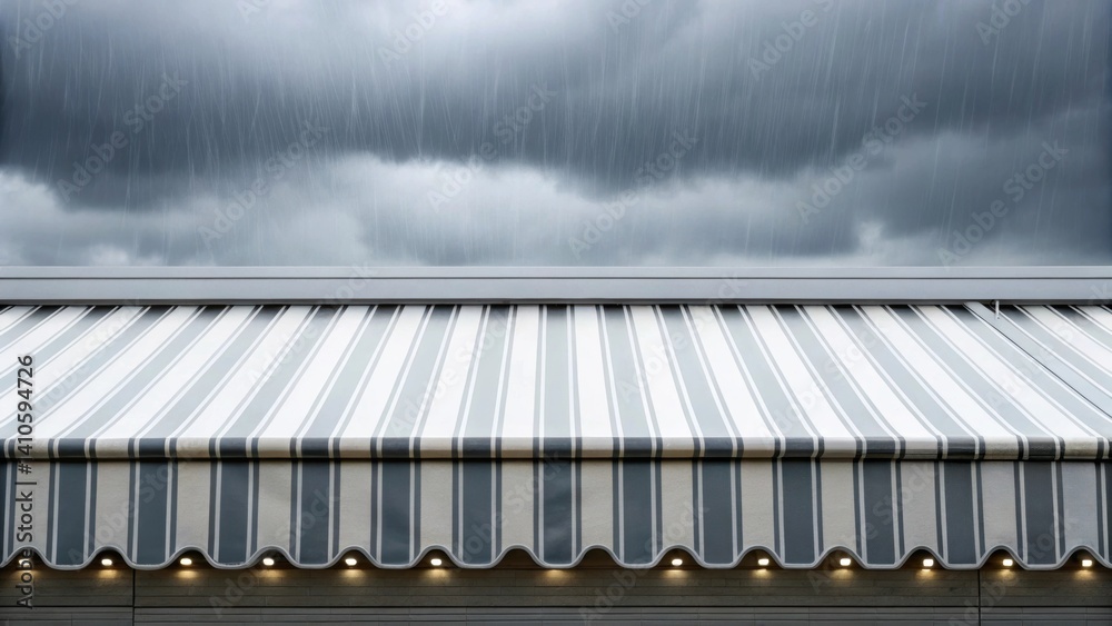 Poster Medium closeup of a system of retractable awnings stacked neatly along the edge of a building partially unfurling in response to sudden downpours glistening with moisture.