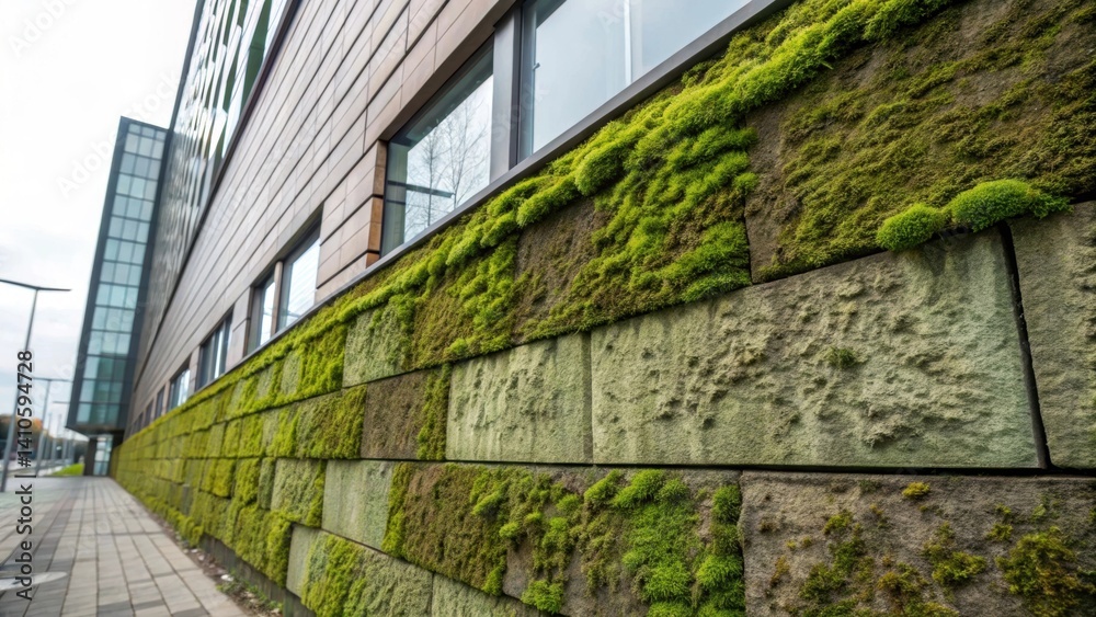 Poster medium closeup of a textured facade made of biobased materials with moss and algae deliberately cult