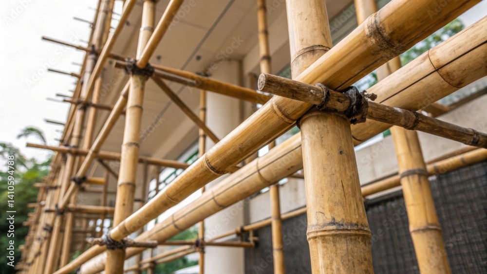 Poster medium closeup of bamboo scaffolding highlighting the smooth surface and natural coloring of the bam