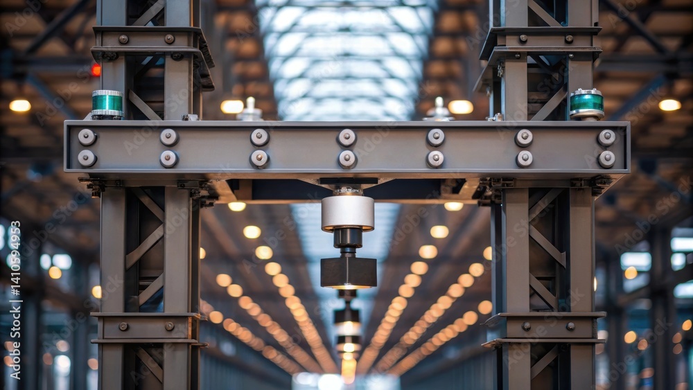 Poster Medium closeup showcasing an industrial setting where a steel framework is affixed with various sensors with soft diffused lighting highlighting their significance.