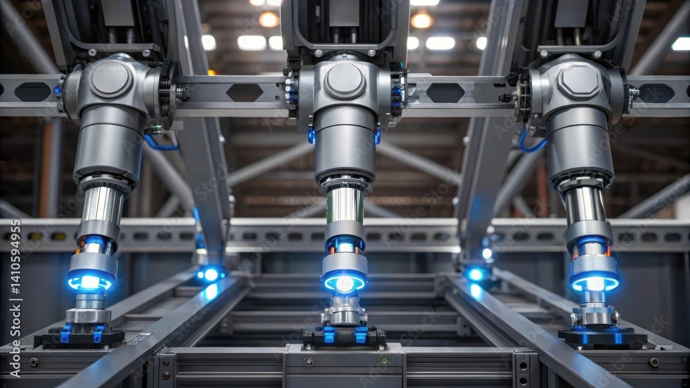 Aufkleber Medium closeup showing the collaboration of multiple robotic arms working on different sections of a large steel structure emphasizing parallel operations for efficiency.