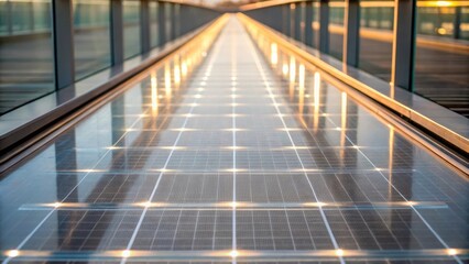 Medium closeup of the sunlight reflecting off a transparent layer of the walkway designed to harness solar energy framed by the kinetic energygenerating components.