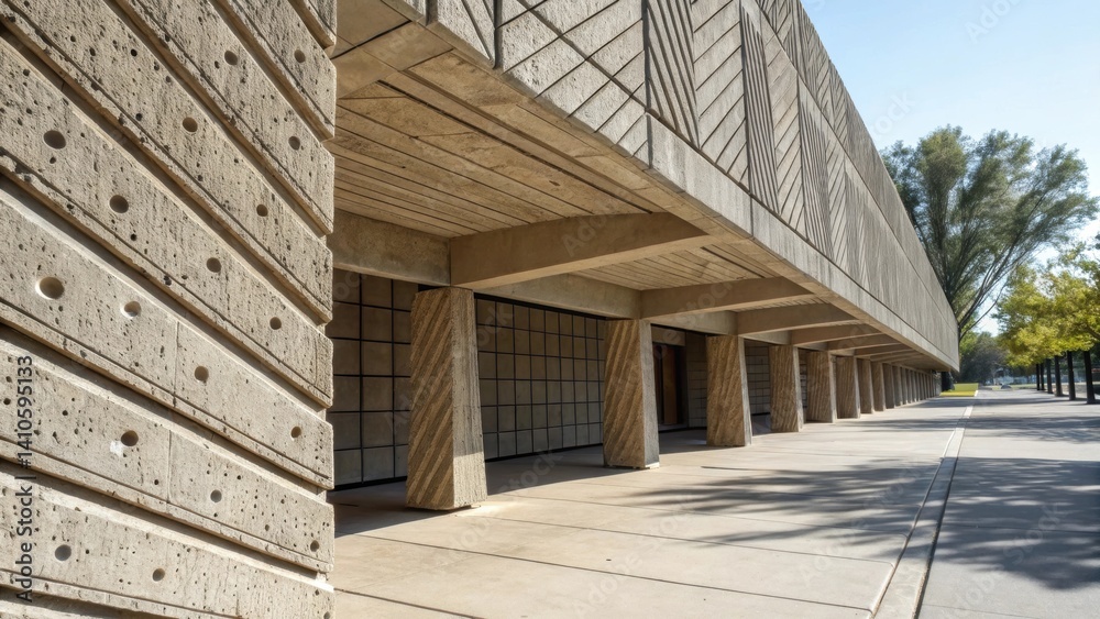 Poster Textured concrete panels featuring deep grooves and cantilevers creating unique shadows that help regulate solar exposure while adding visual interest to the structure.